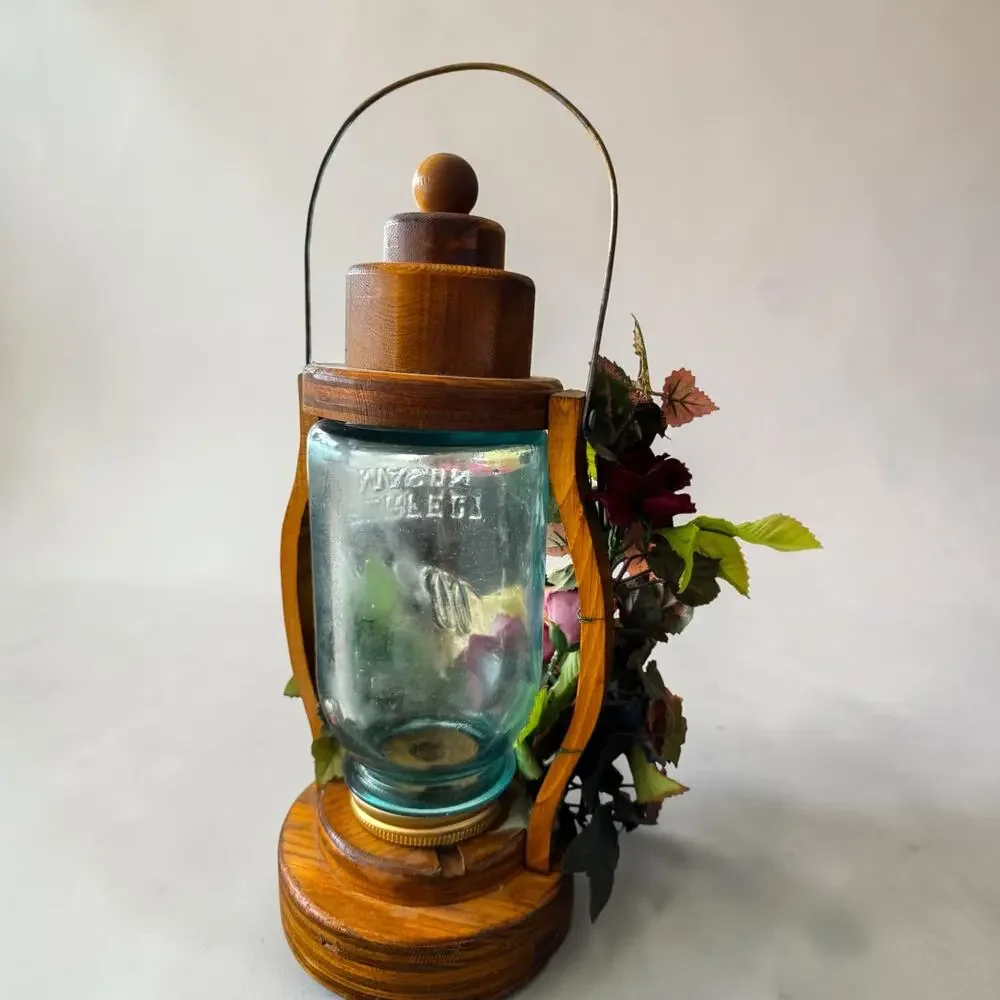 Vintage Handmade Wood Candle Lantern Aqua Perfect Mason Jar Silk Flowers